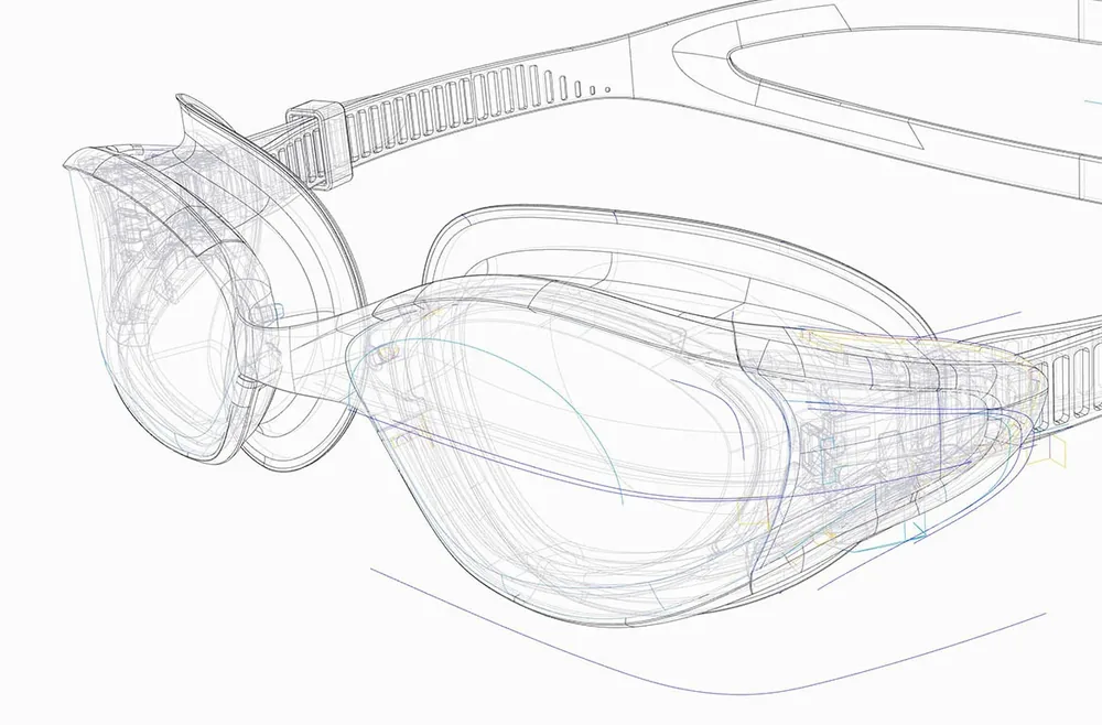 CAD model of swim goggle lens and gasket assembly during engineering review