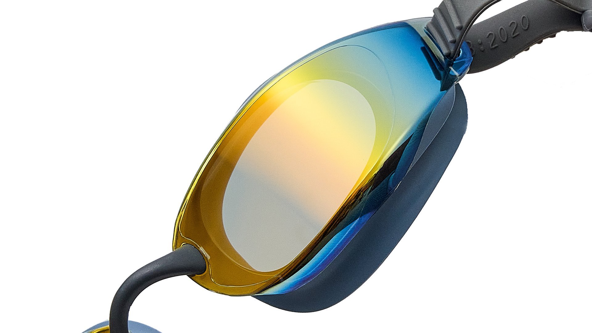 Macro shot of a mirror-coated Eyeline swim goggle — gold and blue iridescent lens with gray gasket and headstrap, manufactured in Suzhou for OEM, ODM, and Private Label brand programs