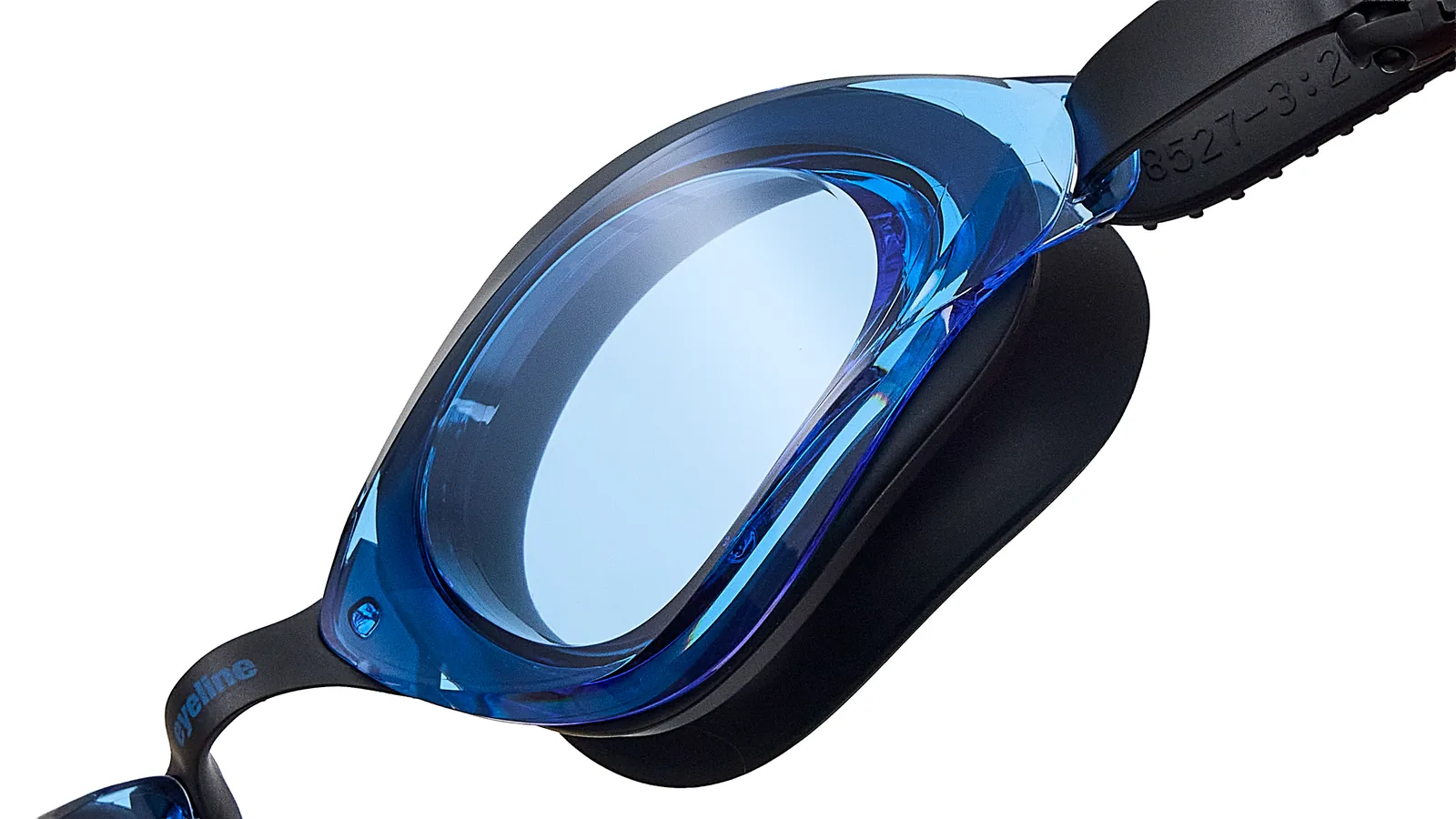 Eyeline Aquarius Silicon training swim goggle, large lens high comfort design, hero 3/4 lens close-up