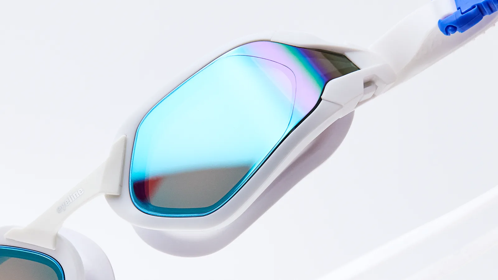 Eyeline Aquity corrective lens swim goggle, customizable optics design, hero 3/4 lens close-up