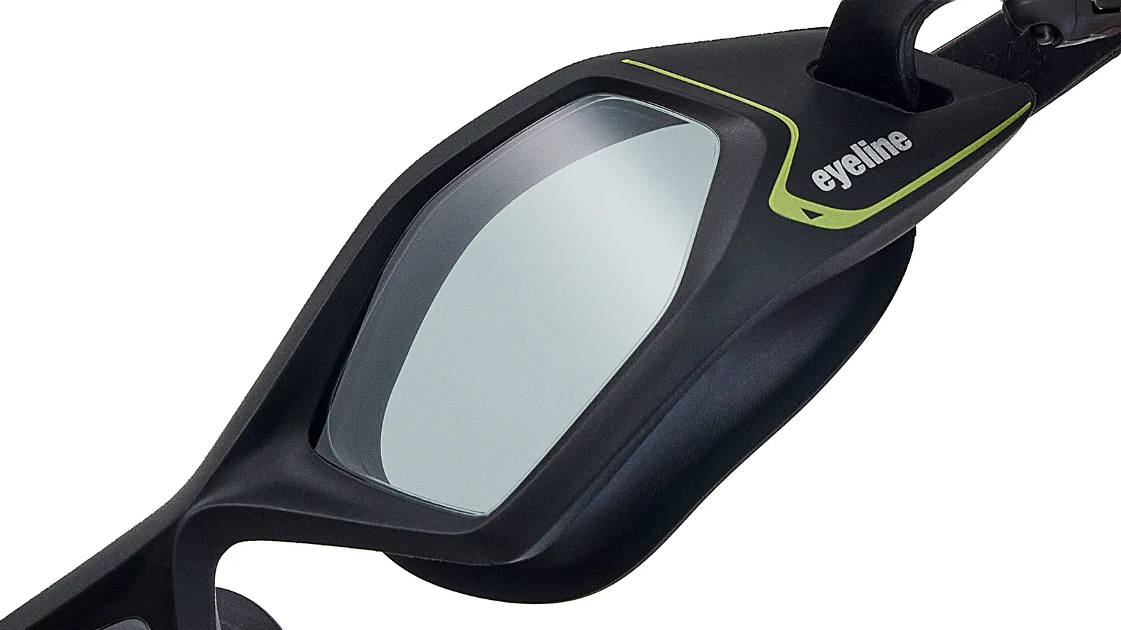 Eyeline Captain fitness swim goggle, the hero swim goggle design, hero 3/4 lens close-up