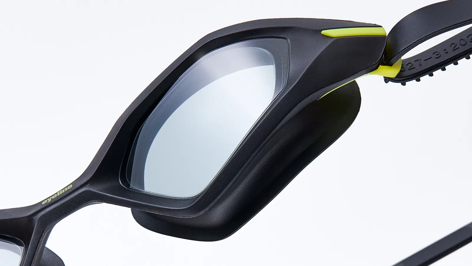 Eyeline Cyfer fitness swim goggle, futuristic tech design, hero 3/4 lens close-up