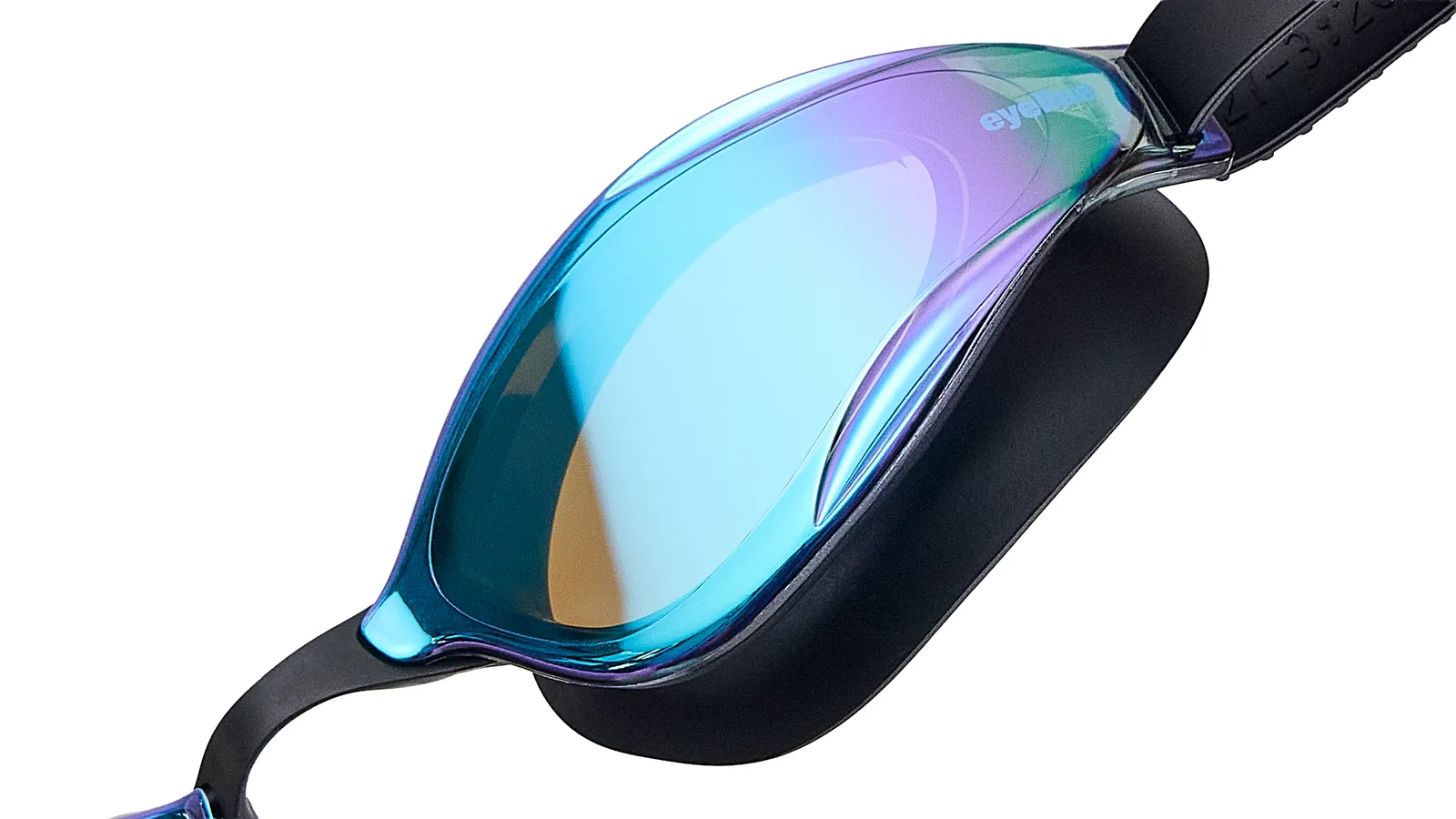 Eyeline Flo training swim goggle, hydrodynamic and built for speed design, hero 3/4 lens close-up