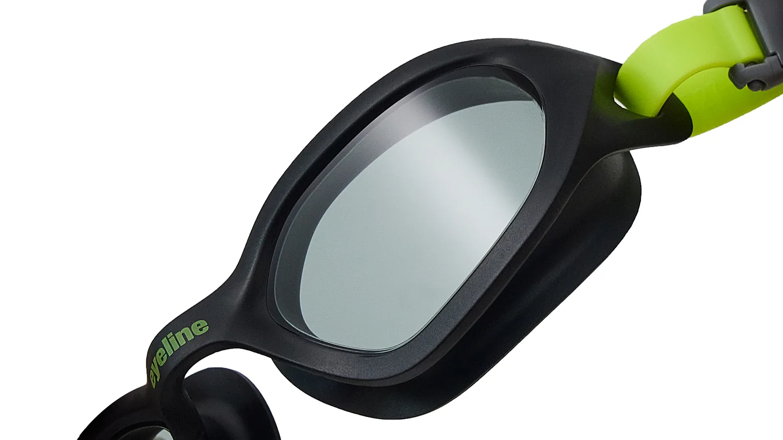 Eyeline Flux fitness swim goggle, one swim goggle fits all design, hero 3/4 lens close-up