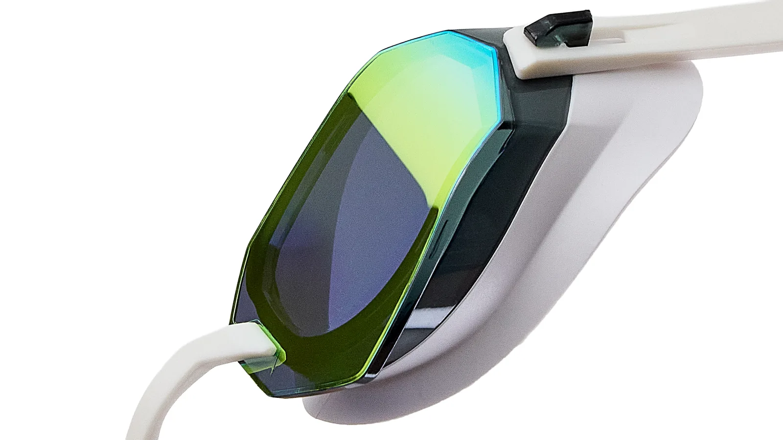 Eyeline Invicta competition swim goggle, serious racing design, hero 3/4 lens close-up