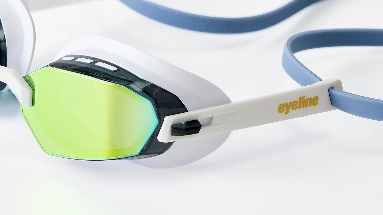 Eyeline Invicta competition swim goggle lens close-up with Wide Vision