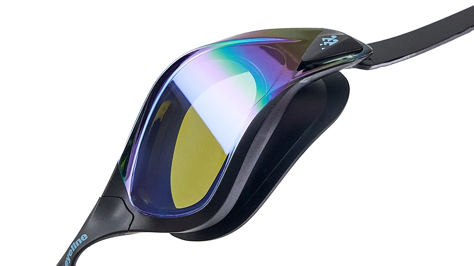 Eyeline Jetstream competition swim goggle, competes in all waters design, hero 3/4 lens close-up