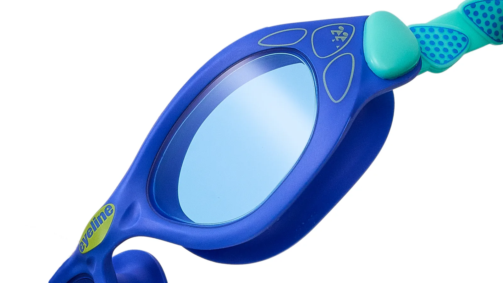 Eyeline Nano kids swim goggle, playtime design, hero 3/4 lens close-up