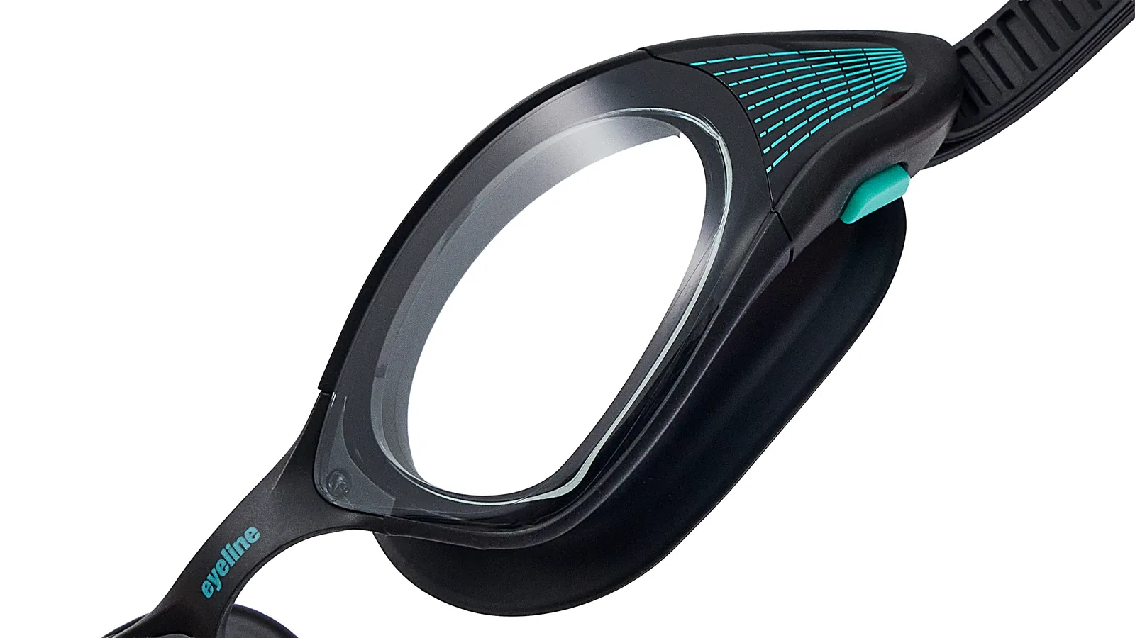Eyeline Neptune fitness swim goggle, fit for a king design, hero 3/4 lens close-up