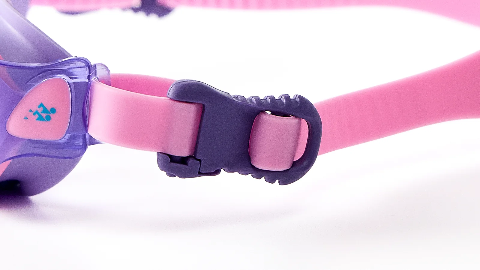 Eyeline Pico kids swim goggle, Concealed Headband Connection and buckle adjuster detail