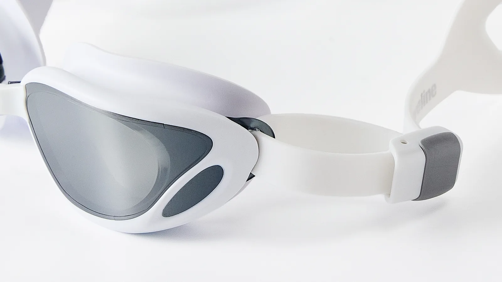 Eyeline Torrent training swim goggle lens close-up with Wide Vision