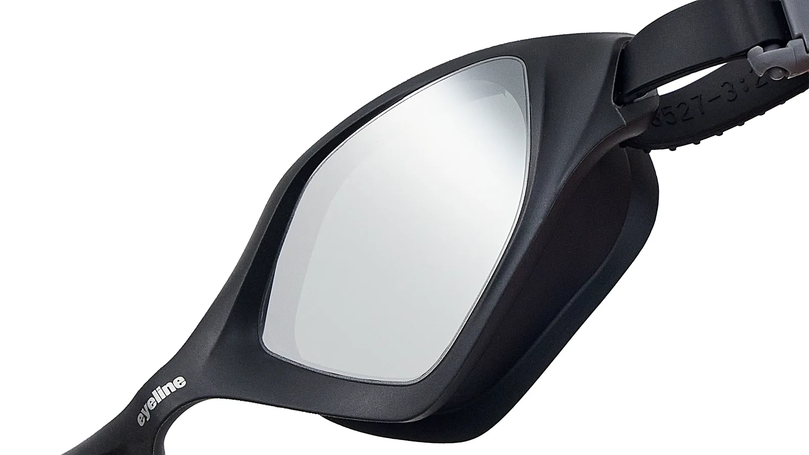 Eyeline Trix training swim goggle, serious open-water swimmers design, hero 3/4 lens close-up