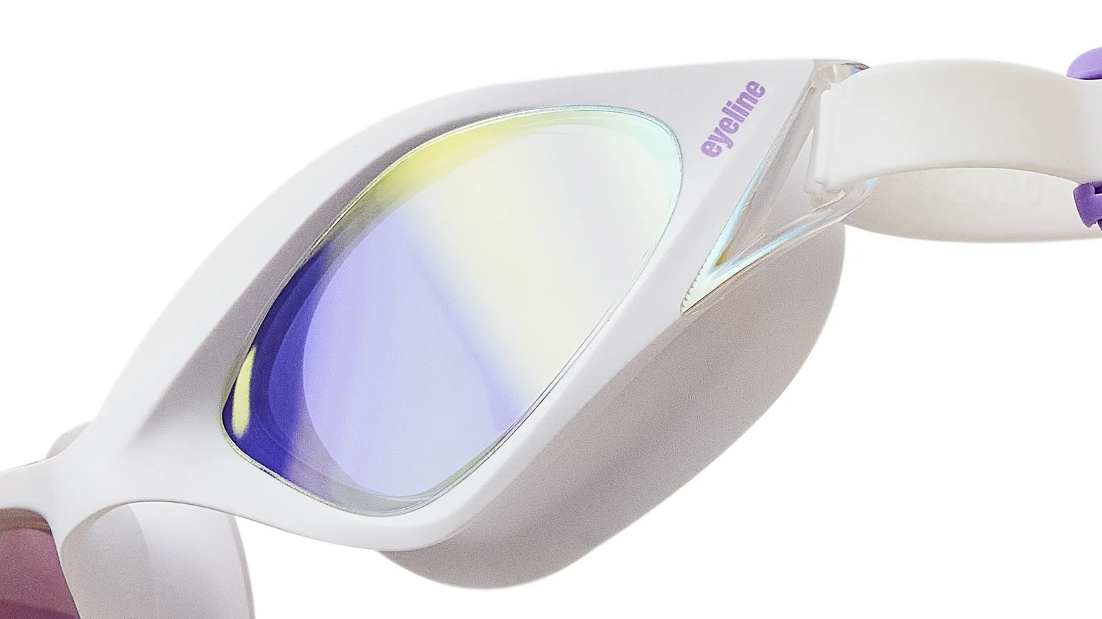 Eyeline Vortex training swim goggle, high velocity swimming design, hero 3/4 lens close-up