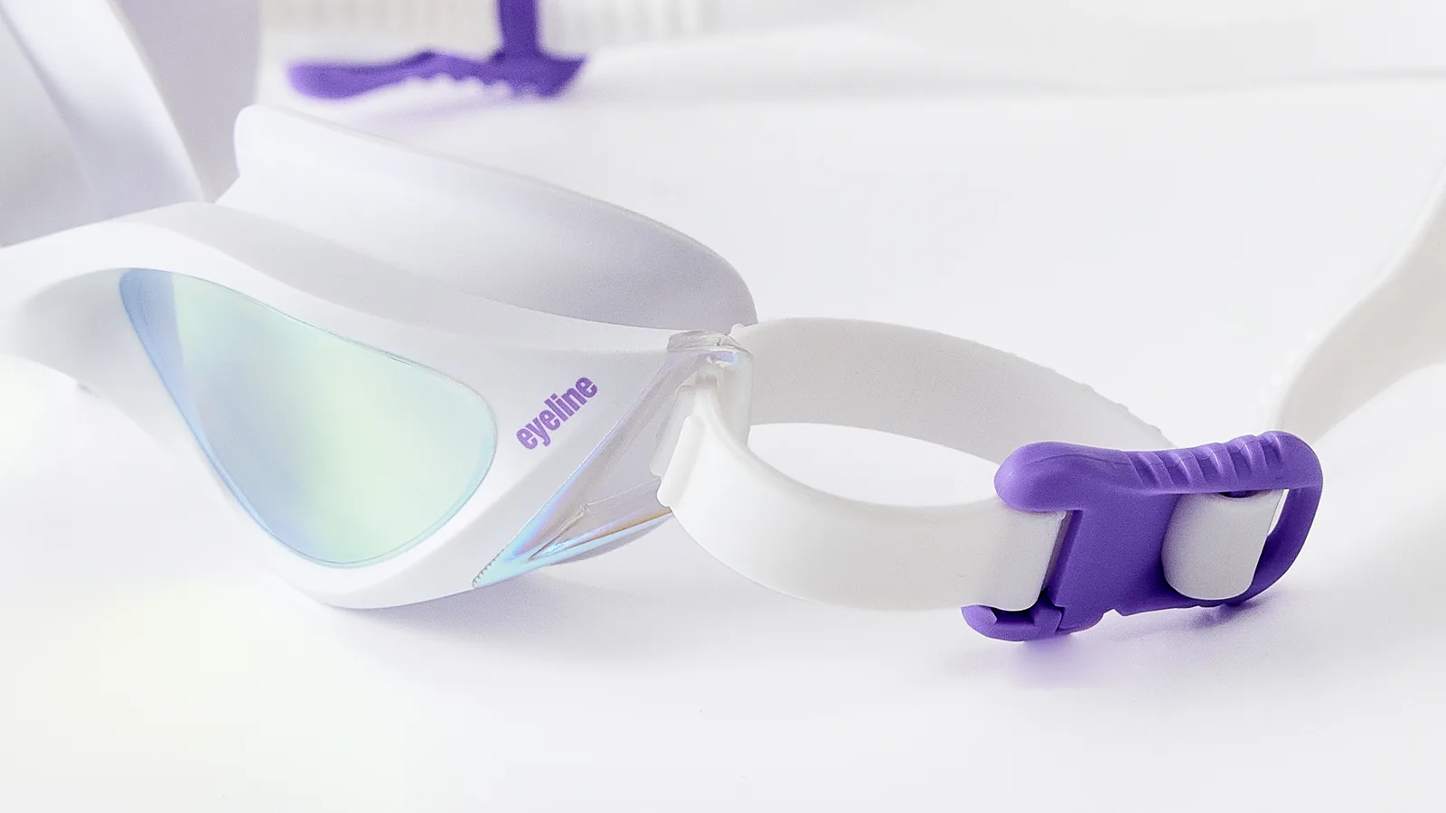 Eyeline Vortex training swim goggle lens close-up with Wide Vision
